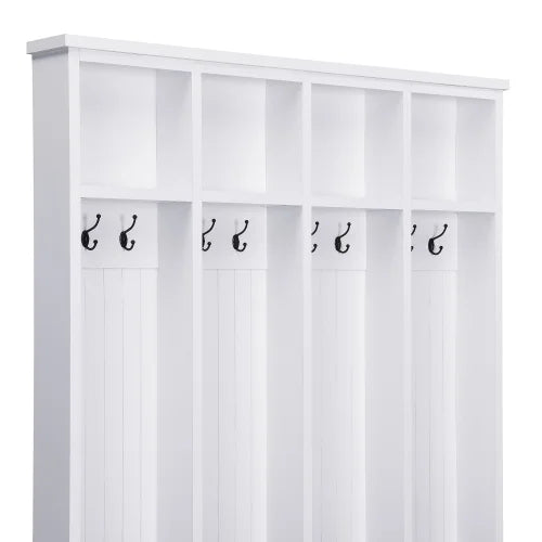 Vestiaire d’entrée style maison de campagne avec banc, meuble d’entrée de 150 cm de large avec 8 crochets et compartiments de rangement, porte-manteau moderne et banc à chaussures pour entrée, blanc