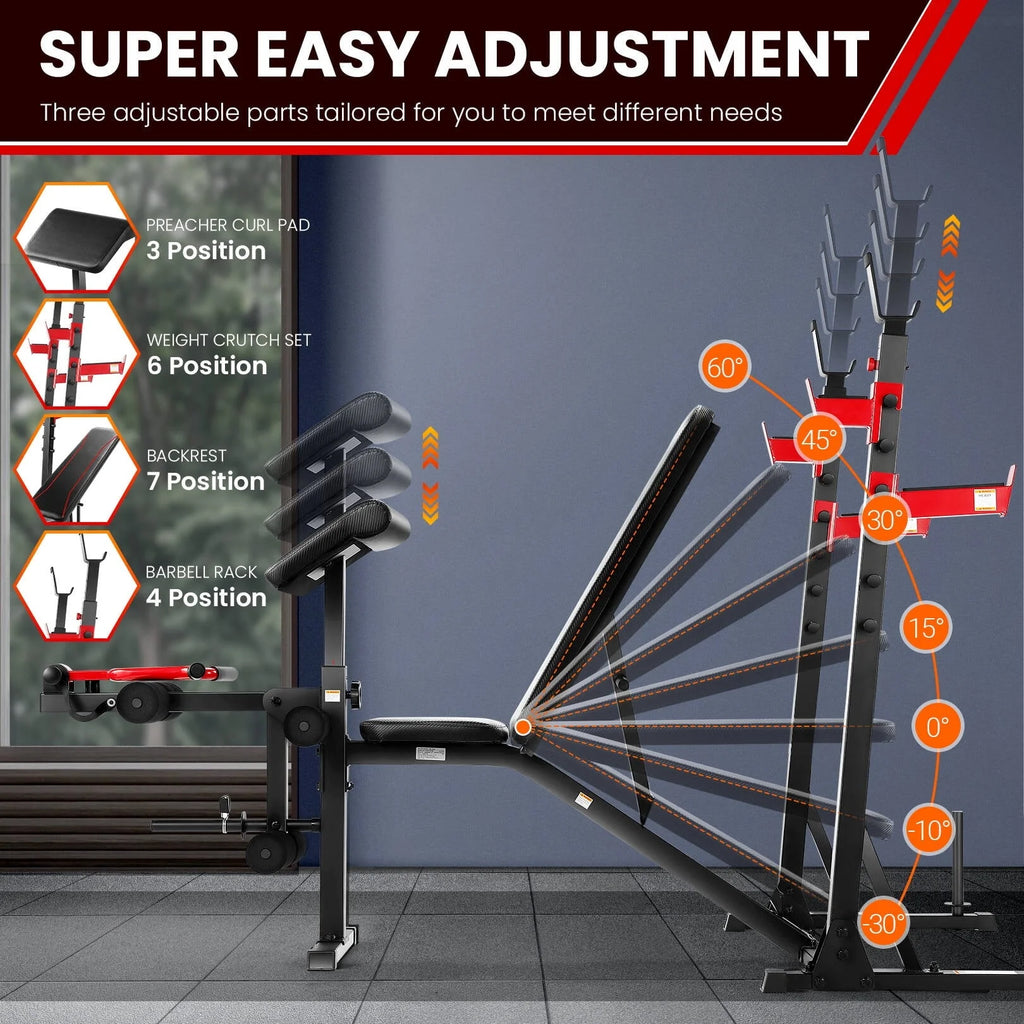 VIBESPARK Banc de musculation à charges réglables 900 LBS Ensemble de banc de musculation olympique avec rack à squats, pupitre à biceps, extension des jambes Banc d’exercice pour tout le corps et développé couché pour salle de sport à domicile