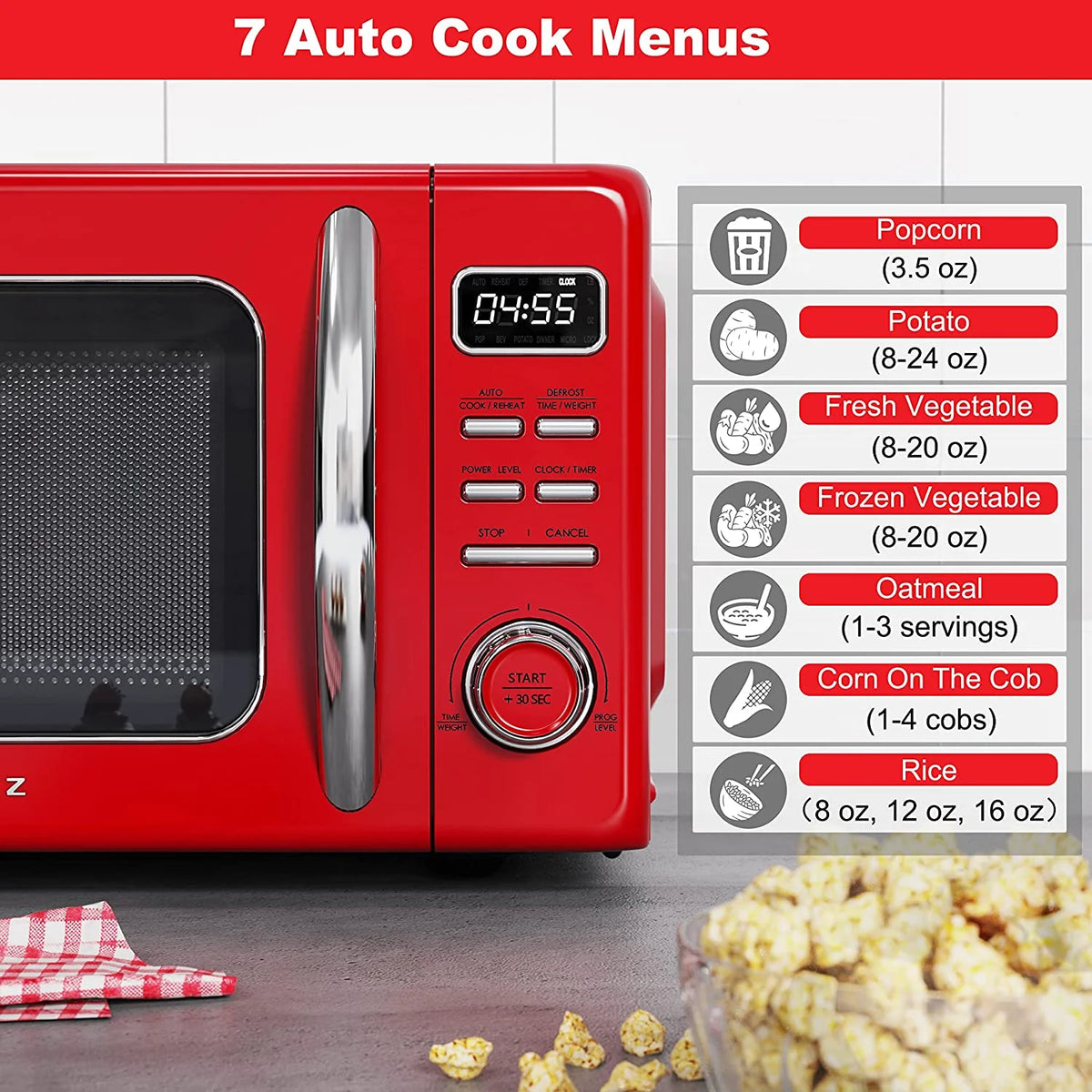 Four à micro-ondes rétro de comptoir Galanz GLCMKZ09RDR09 avec fonctions de cuisson automatique et de réchauffage, décongélation et démarrage rapide, nettoyage facile avec plateau tournant en verre, poignée escamotable, 0,9 pi³, rouge