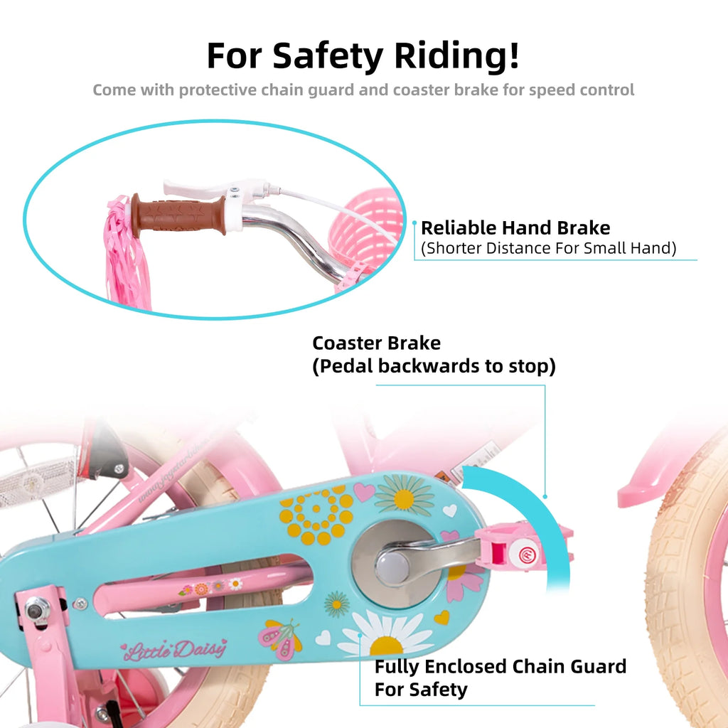 JOYSTAR Little Daisy Vélo pour enfant 14 pouces pour filles de 3 4 5 ans Vélo de princesse pour enfants avec freins à main Roues stabilisatrices Panier Serpentins Vélo pour tout-petits Bleu
