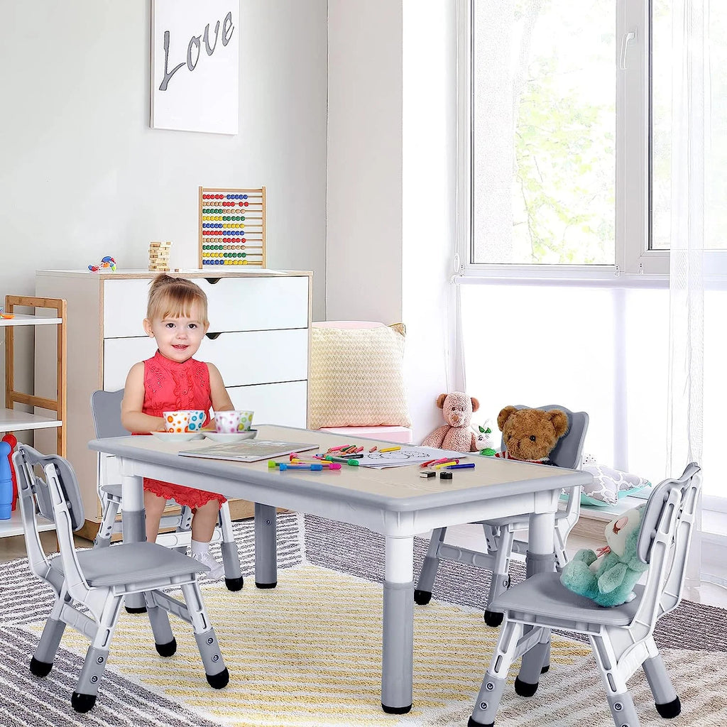 Ensemble table et 4 chaises pour enfants LAZY BUDDY, bureau réglable en hauteur pour tout-petits avec plateau graffiti, ensemble de table d’activités pour enfants pour crèche et maison