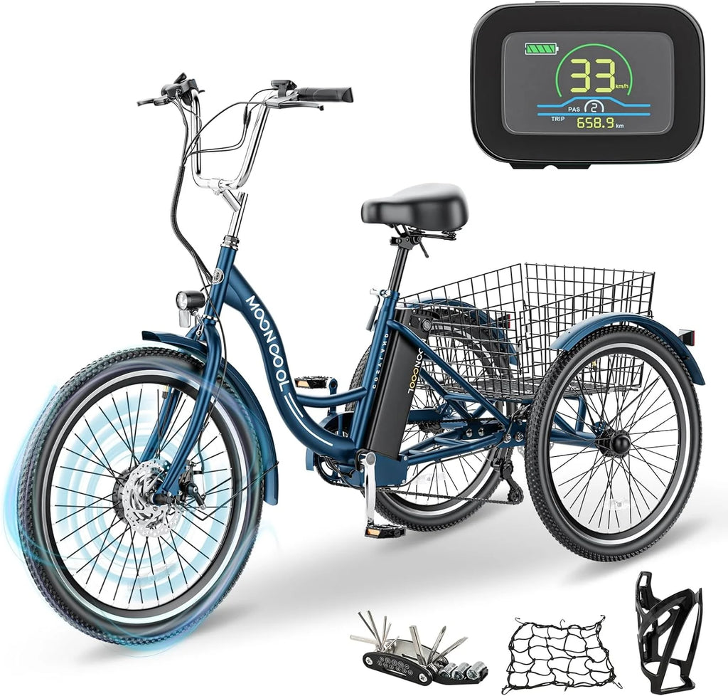 Tricycles électriques ABORON 24 26, batterie au lithium 36 V 10 Ah 350 W, triporteur électrique 7 vitesses pour adultes avec grand panier arrière et siège réglable