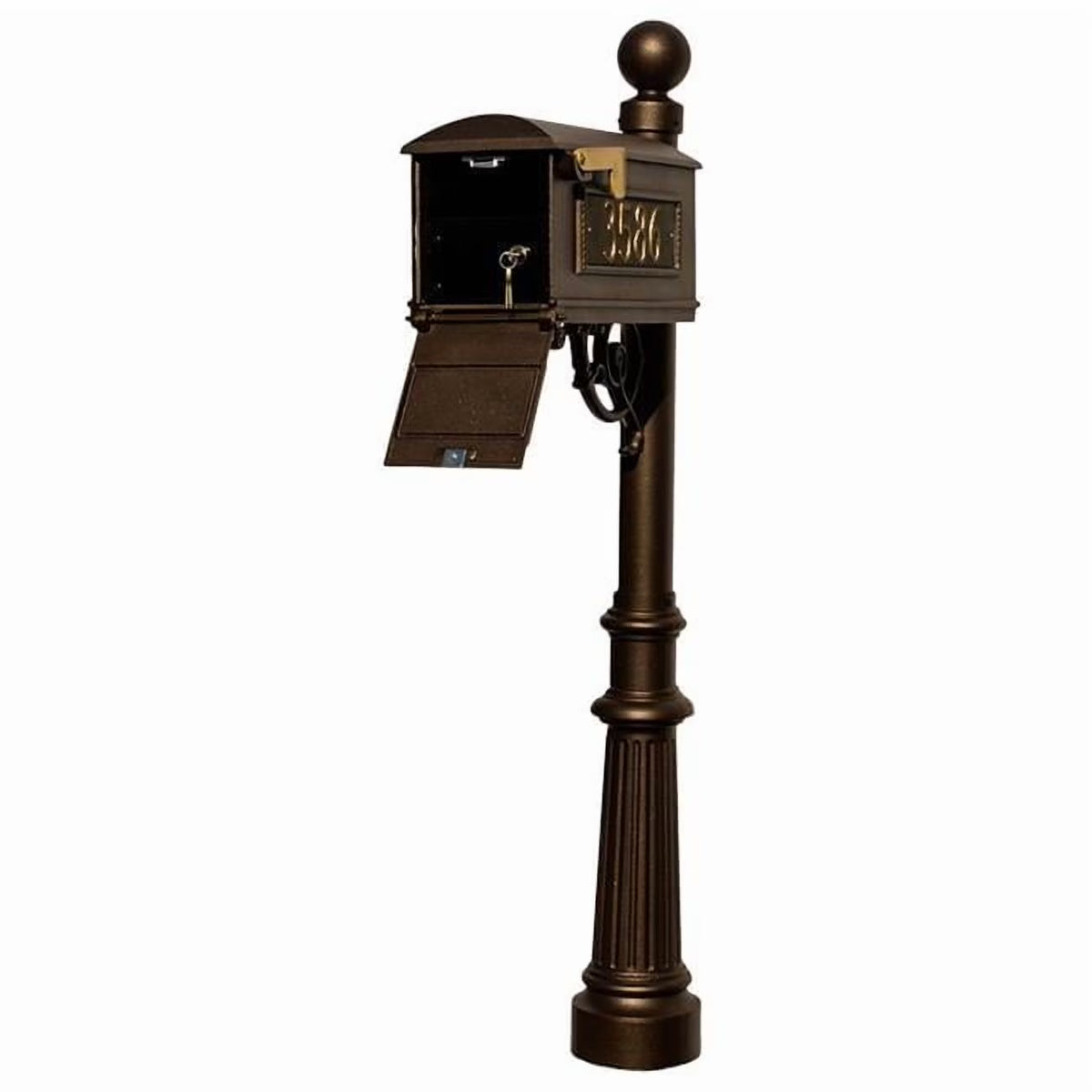 Système de poteau pour boîte aux lettres avec insert verrouillable Lewiston LMC-LKIT-804-BZ, base cannelée, fleuron sphérique et 3 plaques moulées - Bronze