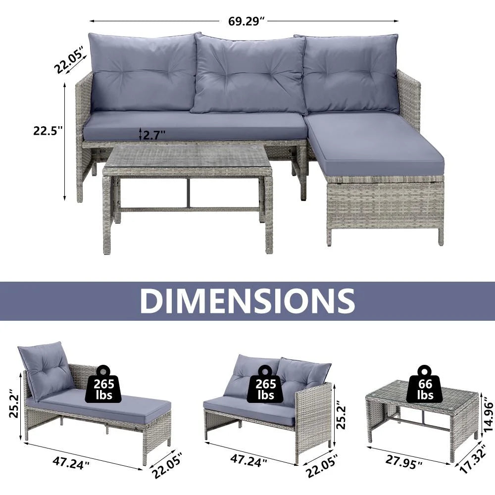 Ensemble de canapés de jardin en rotin, 4 pièces, salon d’angle d’extérieur en résine tressée PE résistante aux intempéries, ensemble de conversation avec coussins et table en verre pour terrasse, jardin, bord de piscine ou deck