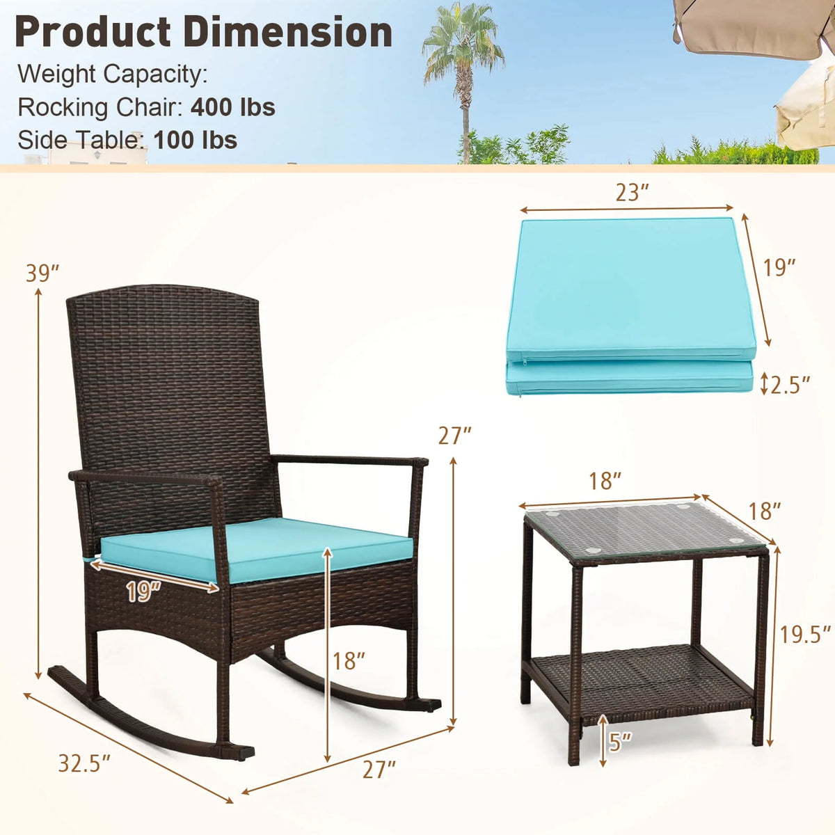 Costway Serenity Ensemble de patio 3 pièces avec fauteuils à bascule en résine tressée, coussins blancs et table basse à 2 niveaux