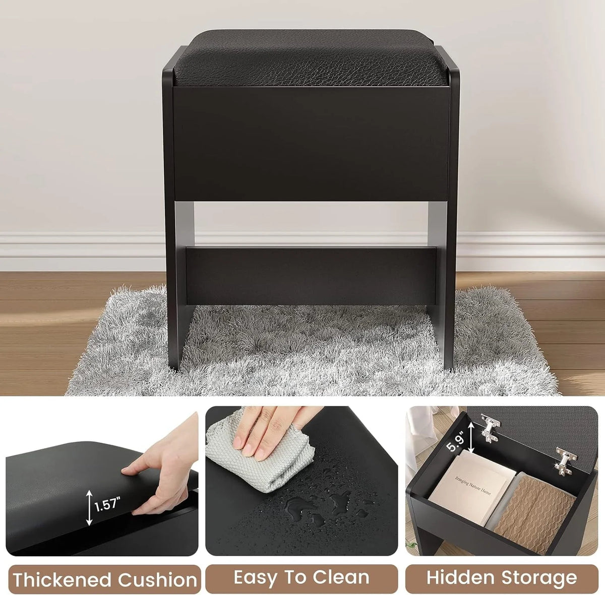 Coiffeuse noire avec lumières, station de recharge et tabouret rembourré, table de maquillage moderne avec tiroirs visibles et étagères de rangement ouvertes pour femmes et filles