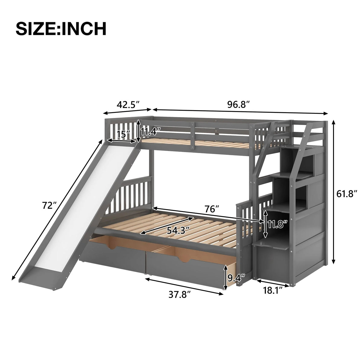 Lit superposé Euroco Wood avec lit simple au-dessus et lit double en dessous, tiroirs et toboggan, gris