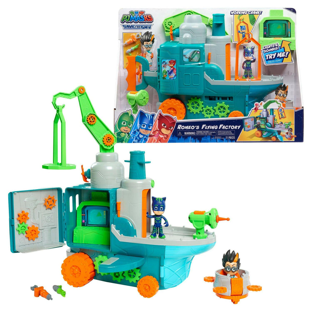 Coffret de jeu Pyjamasques Usine volante de Romeo avec lumières. Sons. et compartiment secret. Jouets pour enfants à partir de 3 ans. Cadeaux et présents