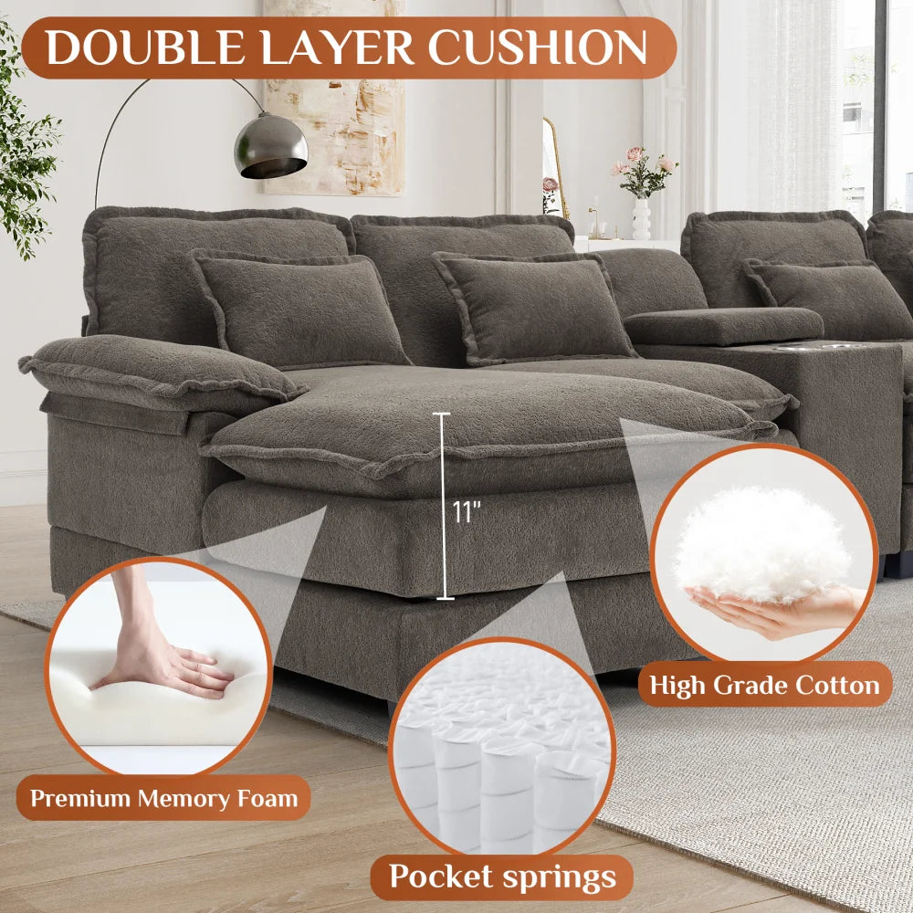 Canapé modulable en U Wiilayok Cloud Couch, méridienne double extra profonde de 124 cm en chenille duveteuse, console centrale avec ports USB-C et A doubles, gris tempête