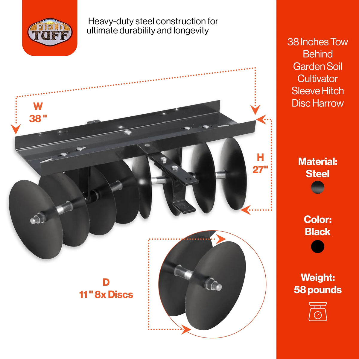 Field Tuff 39 po Cultivateur de sol de jardin à remorque avec attelage de translation et herse à disques