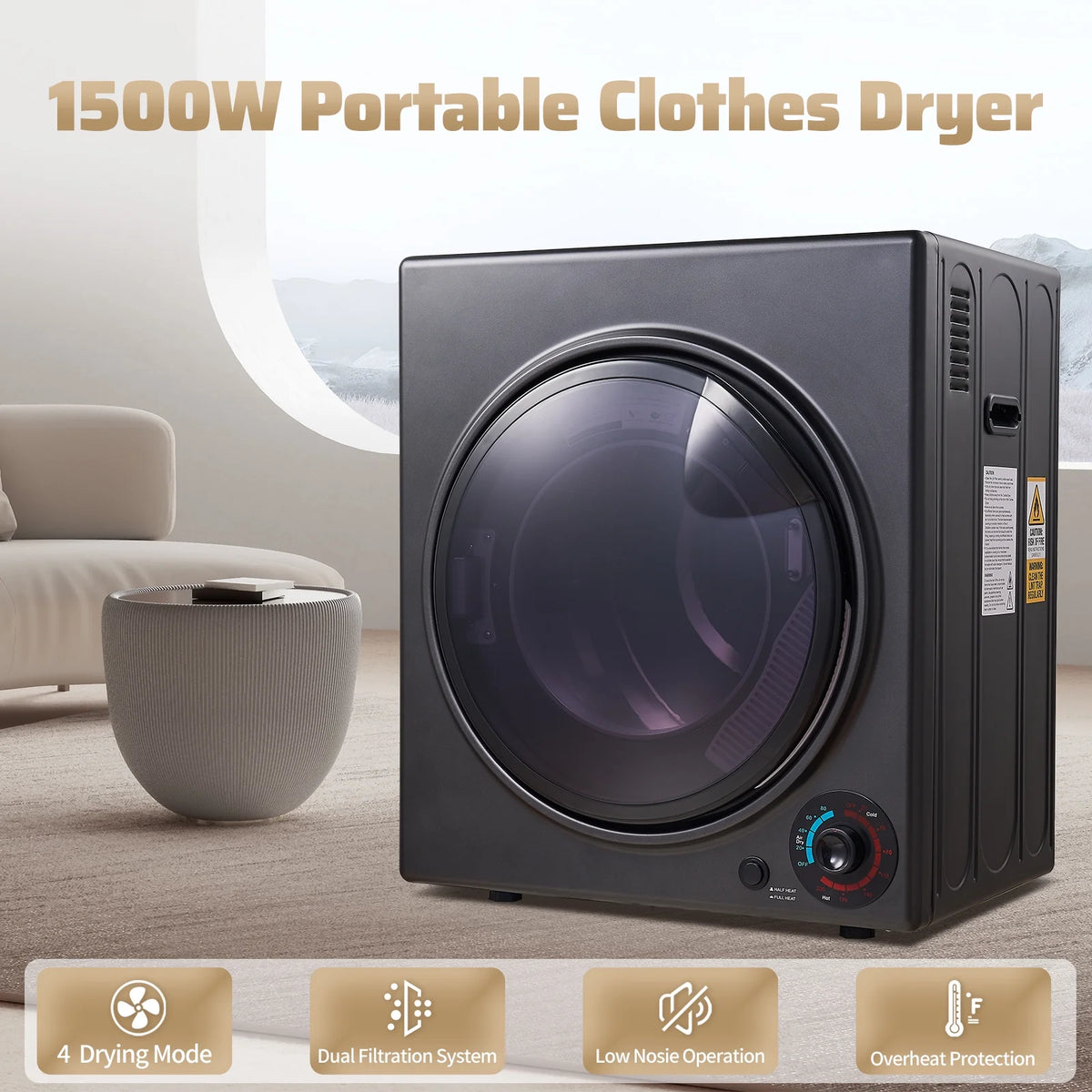 Sèche-linge portables CTT pour le linge 1500W, sèche-linge compact de 3,5 pi³ avec tambour en acier inoxydable, 4 modes de séchage, appartements, VR, dortoirs