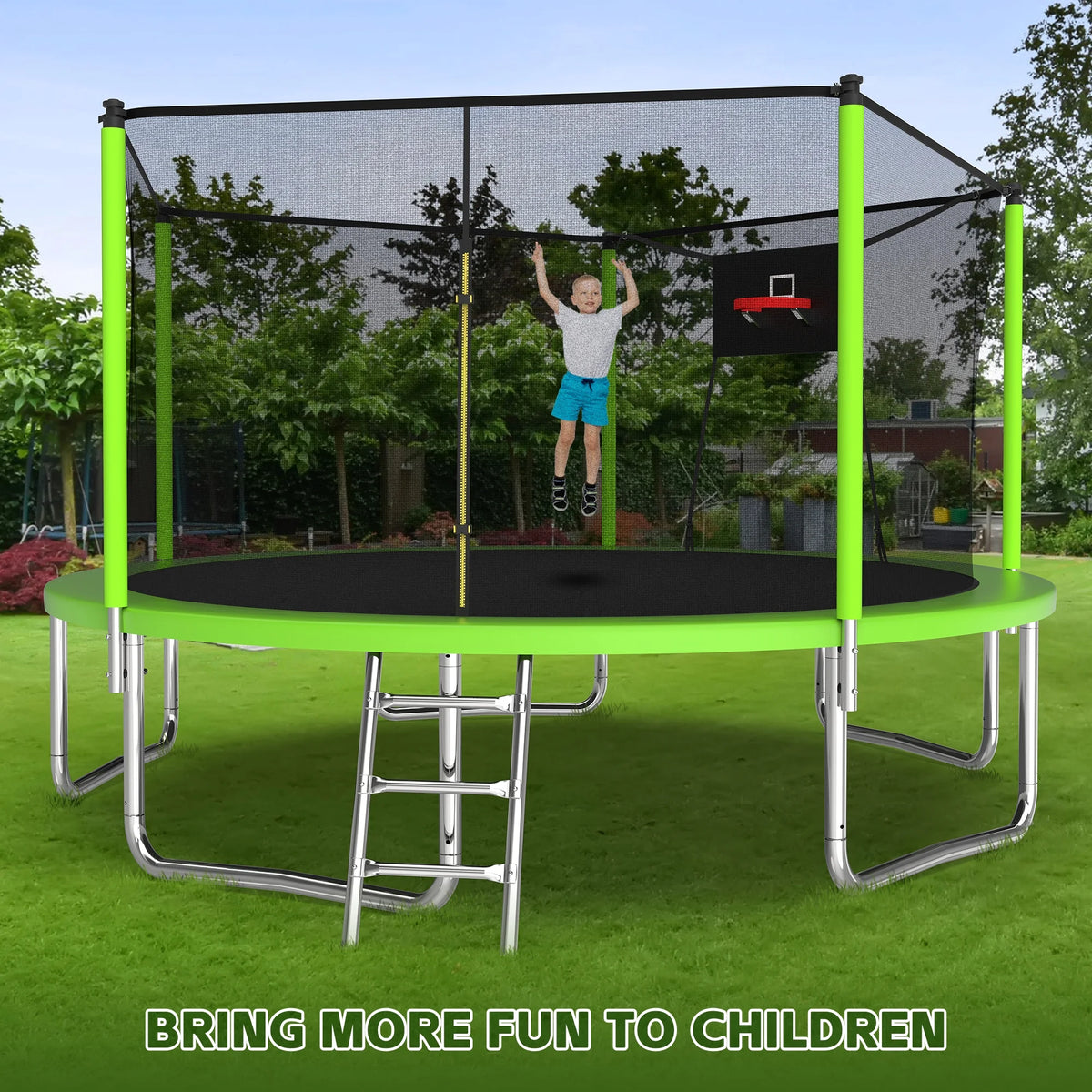 Trampoline de 14 pieds avec panier de basket, trampoline d'extérieur avec filet de protection, bleu