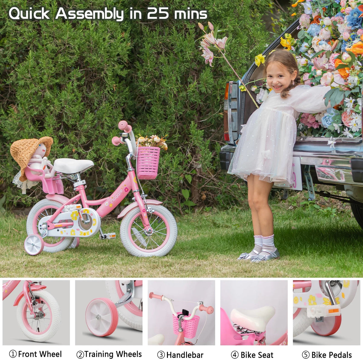 Vélo pour filles Glerc Maggie de 12 pouces pour enfants de 2 à 4 ans, Pêche