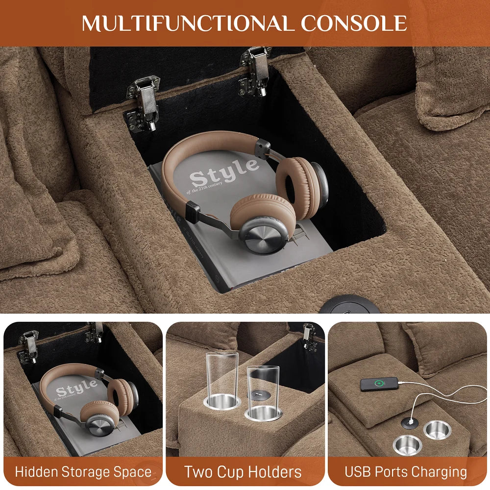 Canapé modulable en U Wiilayok Cloud Couch, méridienne double extra profonde de 124 cm en chenille duveteuse, console centrale avec ports USB-C et A doubles, gris tempête