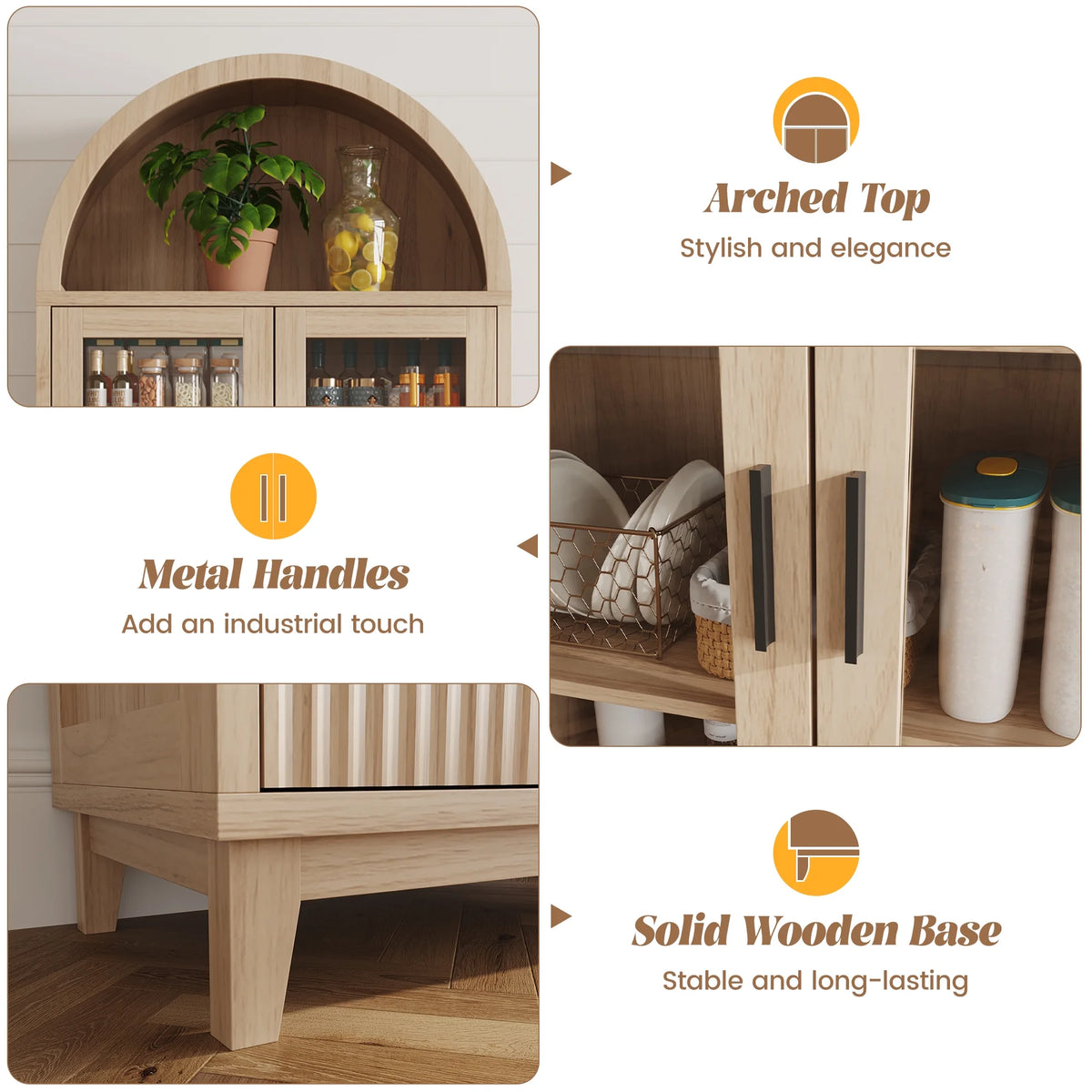 VEANERWOOD 71 Armoire haute cintrée, meuble de rangement de cuisine en bois cannelé avec 4 portes et 6 étagères pour salle à manger et salon