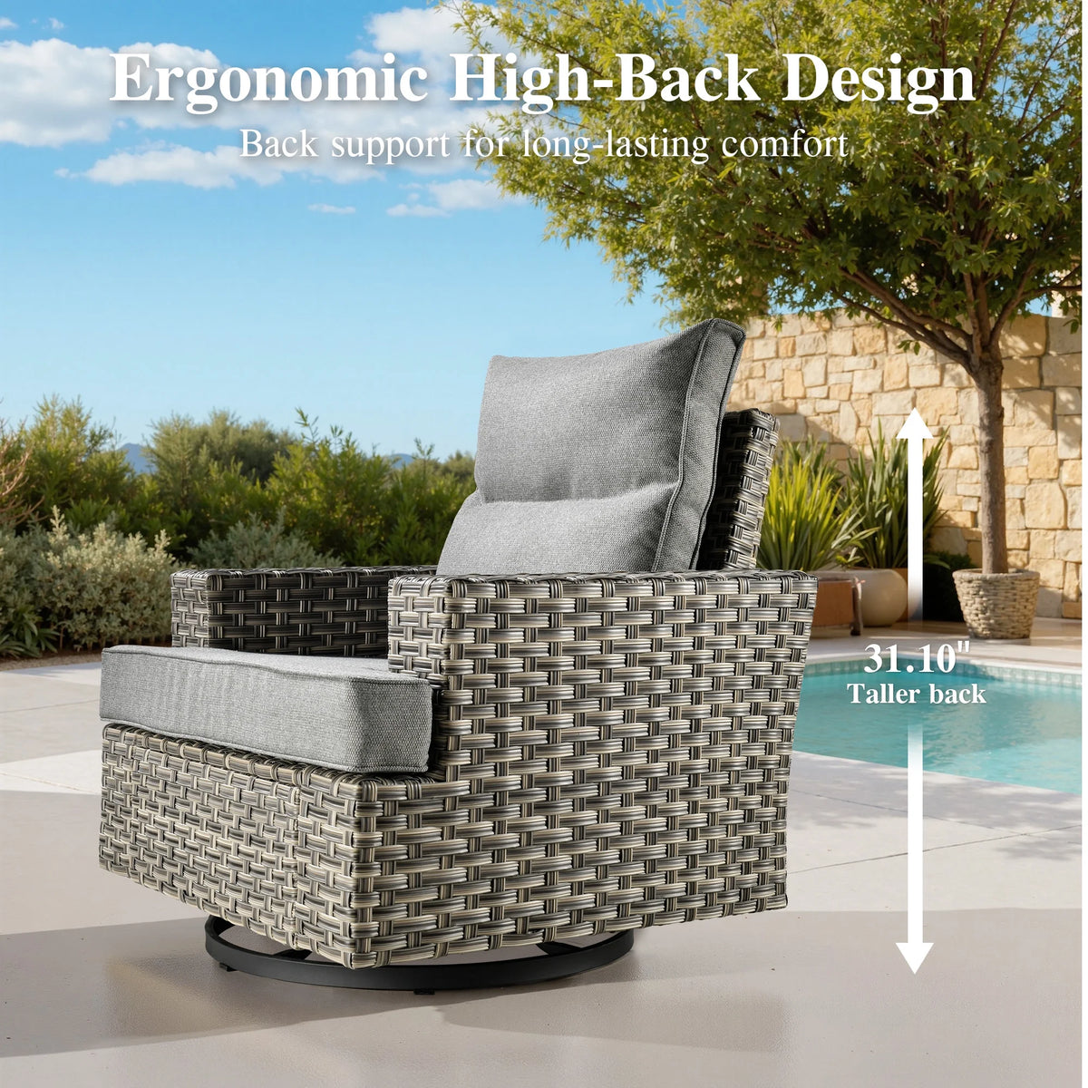 Ovios Salon de jardin modulable moderne en résine tressée toutes saisons à dossier haut, 10 pièces, avec table brasero au propane et fauteuil pivotant, gris foncé