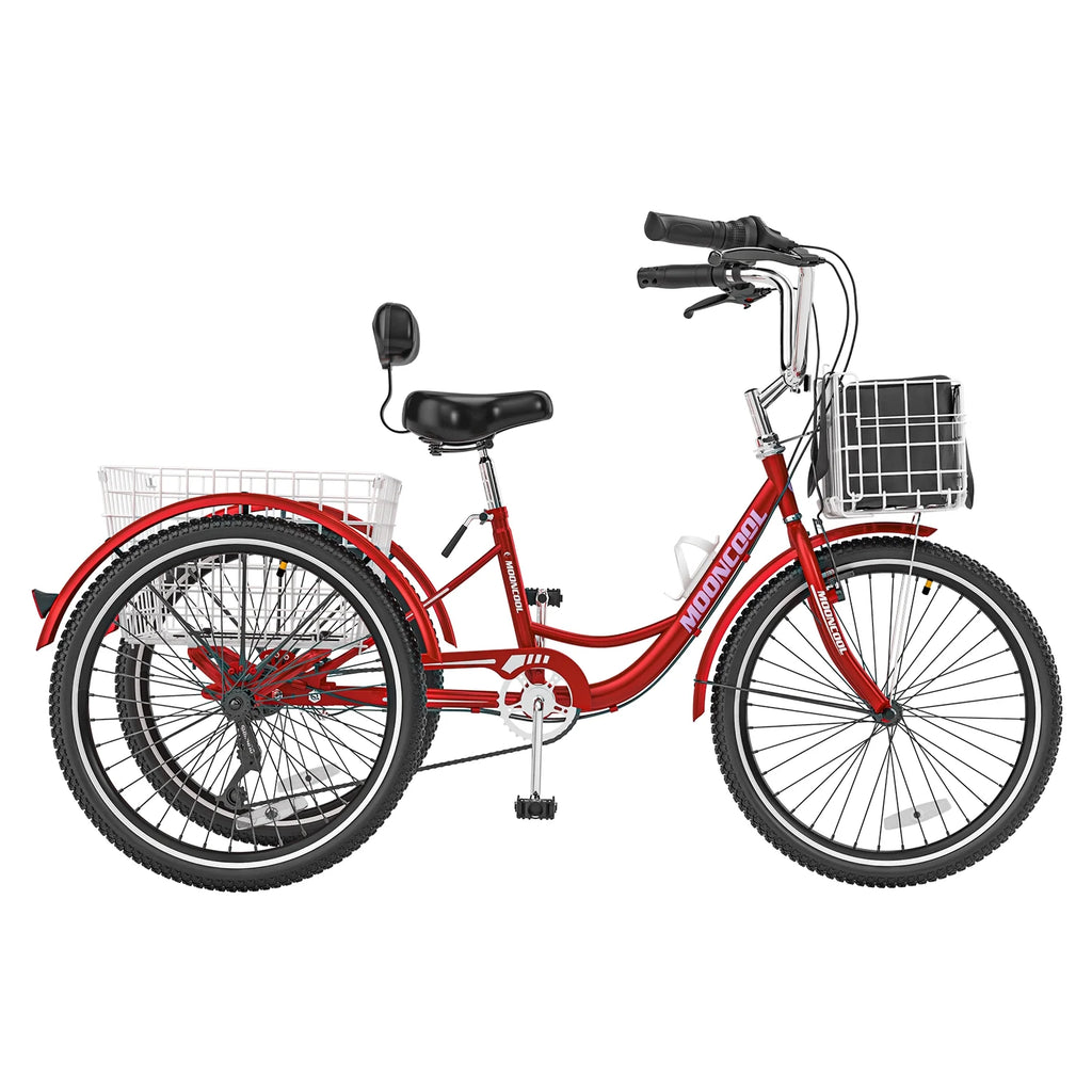 Tricycles pour adultes MOONCOOL avec panier arrière et pompe à pied, vélos à 3 roues 7 vitesses de 24 et 26 pouces, vélo à trois roues pour adultes avec dossier pour seniors, femmes et hommes