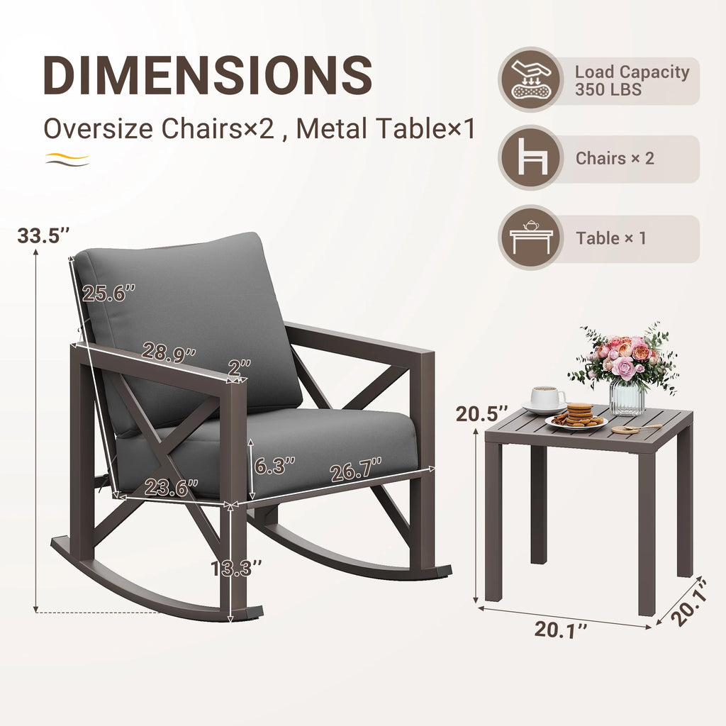 Ensemble de bistrot MRUAKA avec chaises à bascule, ensemble de mobilier de patio extérieur 3 pièces avec 2 chaises à bascule et 1 table basse en métal avec coussins épais pour porche, cour arrière, bord de piscine, beige