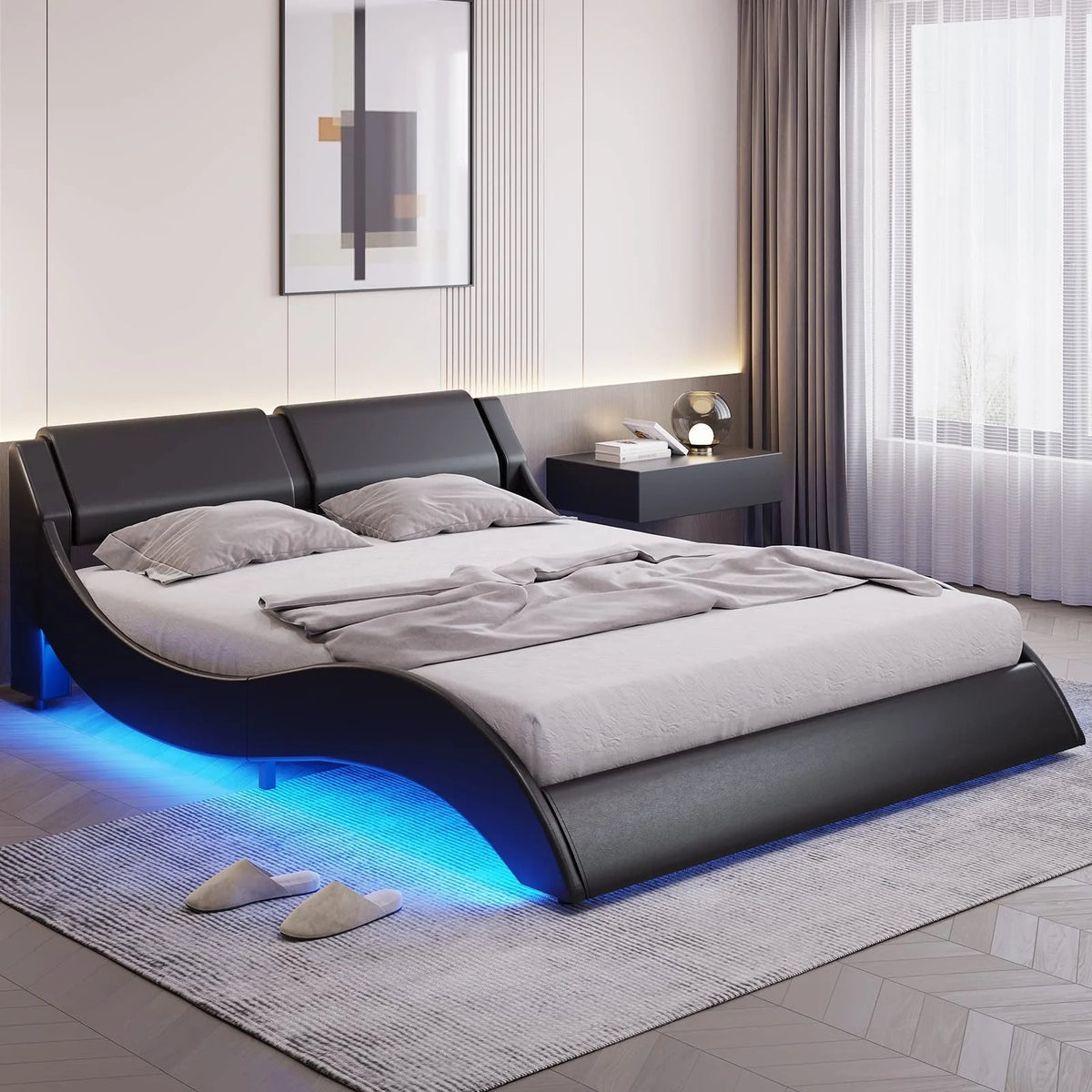 Cadre de lit Queen Size avec éclairage LED,Cadre de lit plateforme moderne avec tête de lit rembourrée,Cadre de lit bas en similicuir effet ondulé,Aucun sommier requis,Noir