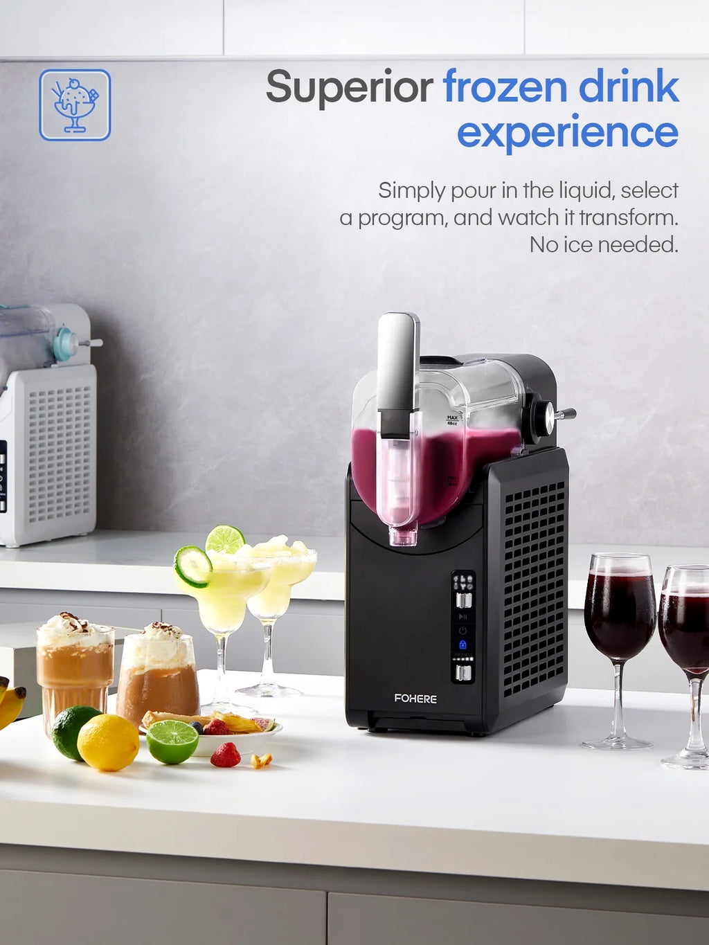 Machine à granité 5-en-1, sans glaçons, en 15 min, pour la maison, avec fonction autonettoyante, machine professionnelle à boissons glacées, 5 programmes prédéfinis, margaritas glacées, frappes, milkshakes et plus encore, FOHERE