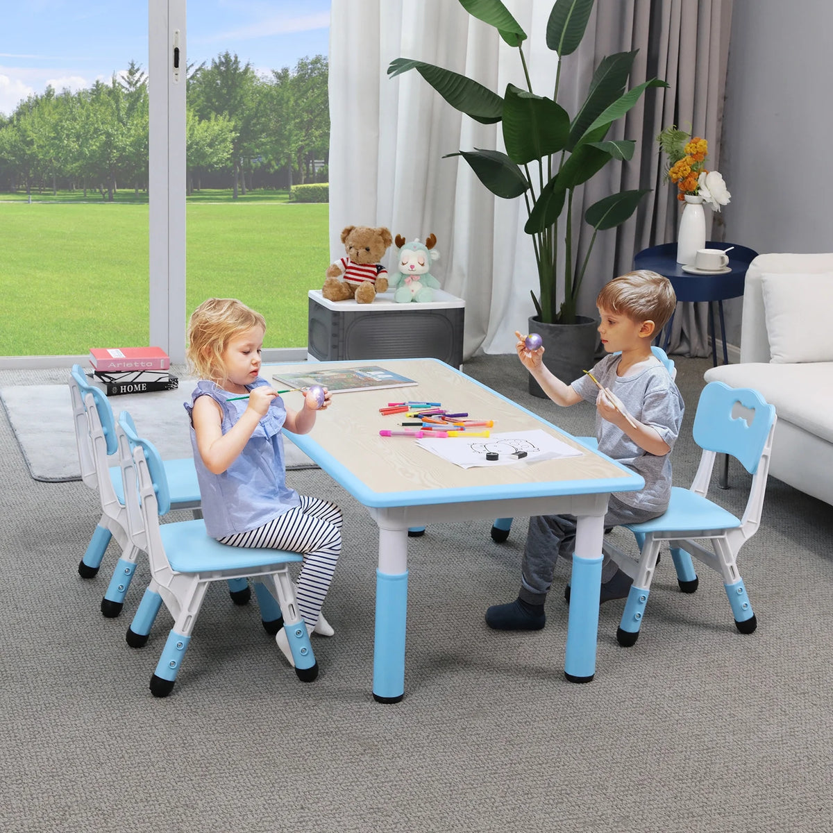 Ensemble table et 4 chaises pour enfants LAZY BUDDY, bureau réglable en hauteur pour tout-petits avec plateau graffiti, ensemble de table d’activités pour enfants pour crèche et maison