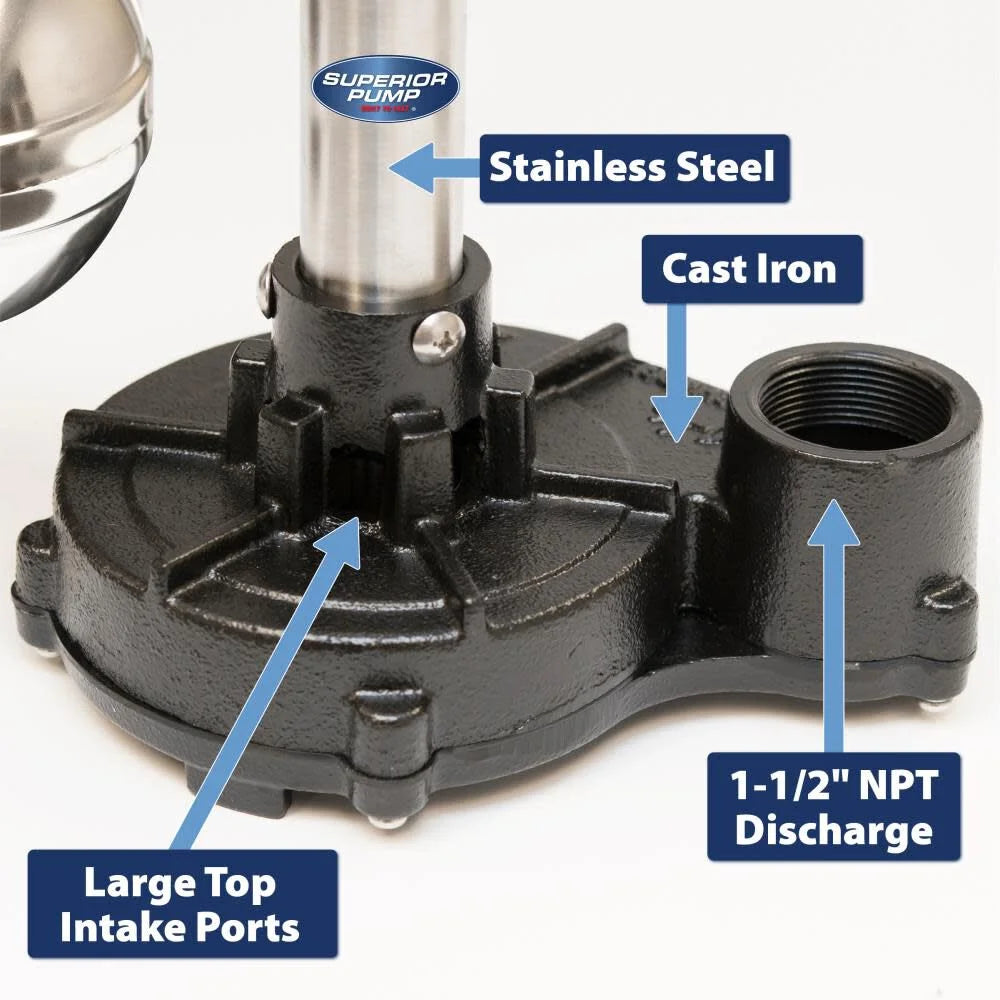 Superior Pump 92333 Pompe de puisard utilitaire polyvalente, 120 V, 0,33 ch, Sortie de 1-1/4 po, 50 gal/min, Thermoplastique - Noir