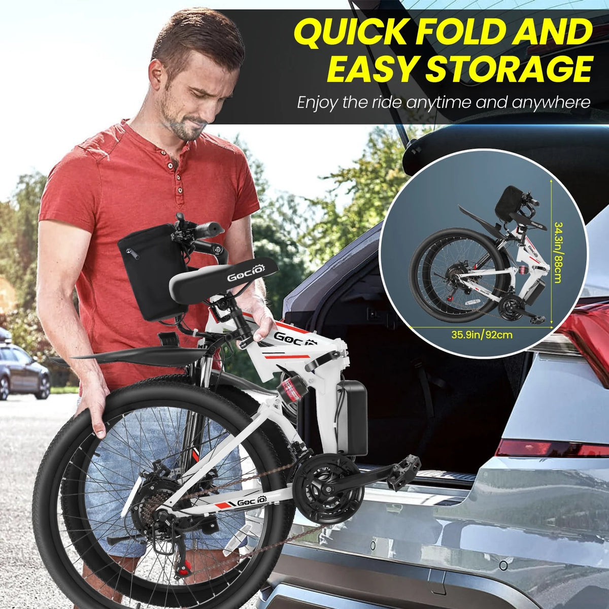 Vélo électrique pliant Gocio 26 pour adultes, VTT électrique 500W, Double amortisseur, Batterie 48V 7,8Ah, Shimano 21 vitesses, UL2849