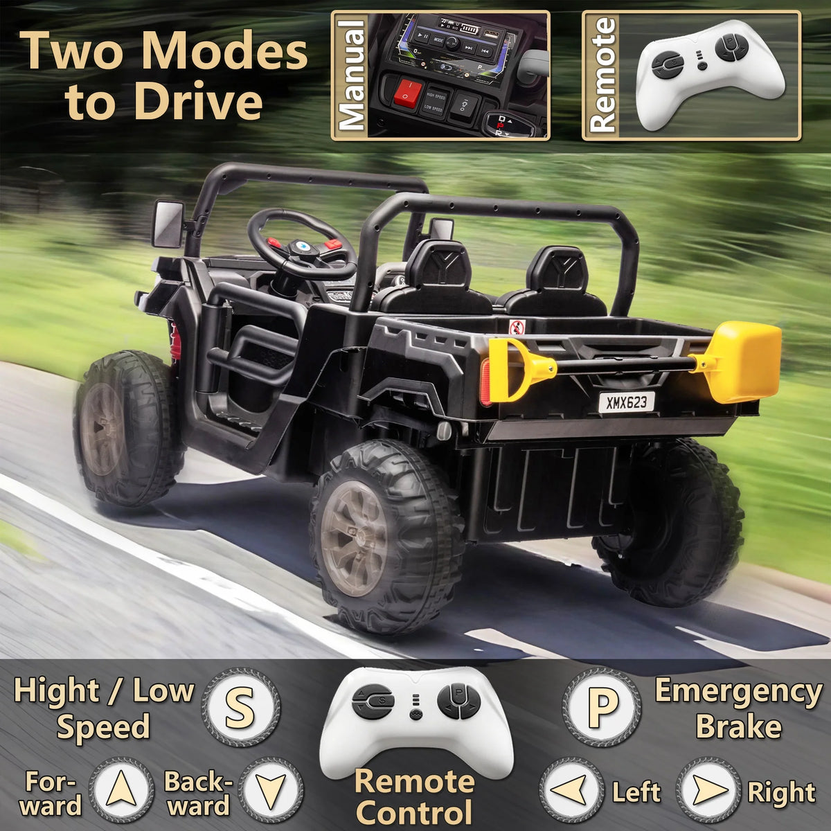 Xuanlur Voiture électrique pour enfants 24V 2 places, UTV avec moteur 2x200W, Jouet électrique 24 volts avec benne/pelle, Voiture électrique pour enfants avec pneus résistants, lumière LED, musique, télécommande, noire