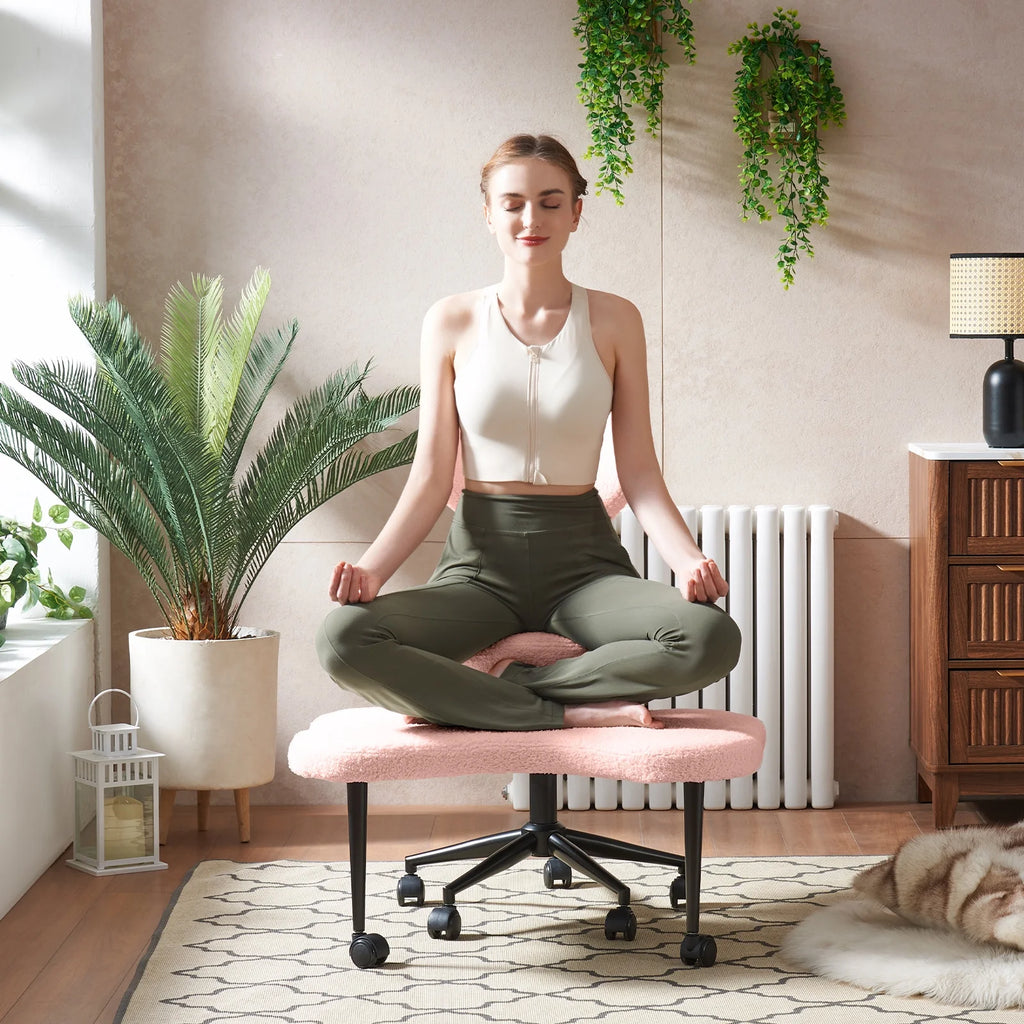 Chaise ergonomique pivotante pour position en tailleur Pinmoco, hauteur réglable et tissu bouclette, chaise de méditation et pour TDAH avec soutien dorsal, pour la maison et le bureau, blanc cassé