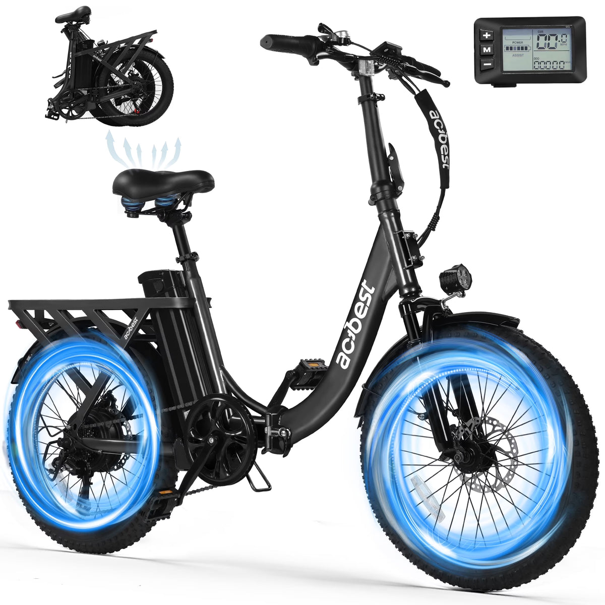 Vélo électrique Actbest pour adultes, Mars 20'' Pneu large Vélo pliant électrique avec moteur de pointe 1200W, 7 vitesses 28MPH, Batterie amovible 48V 499Wh, Potence de vélo réglable, Vélo électrique pliable UL2849 (Noir)