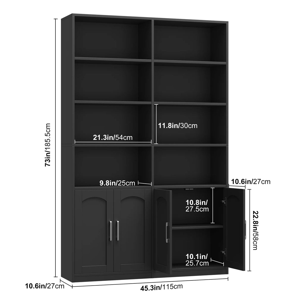 Bibliothèque haute Homfa 73 avec portes, 8 compartiments, 6 niveaux, double rangée, blanche, pour salon et bureau à domicile