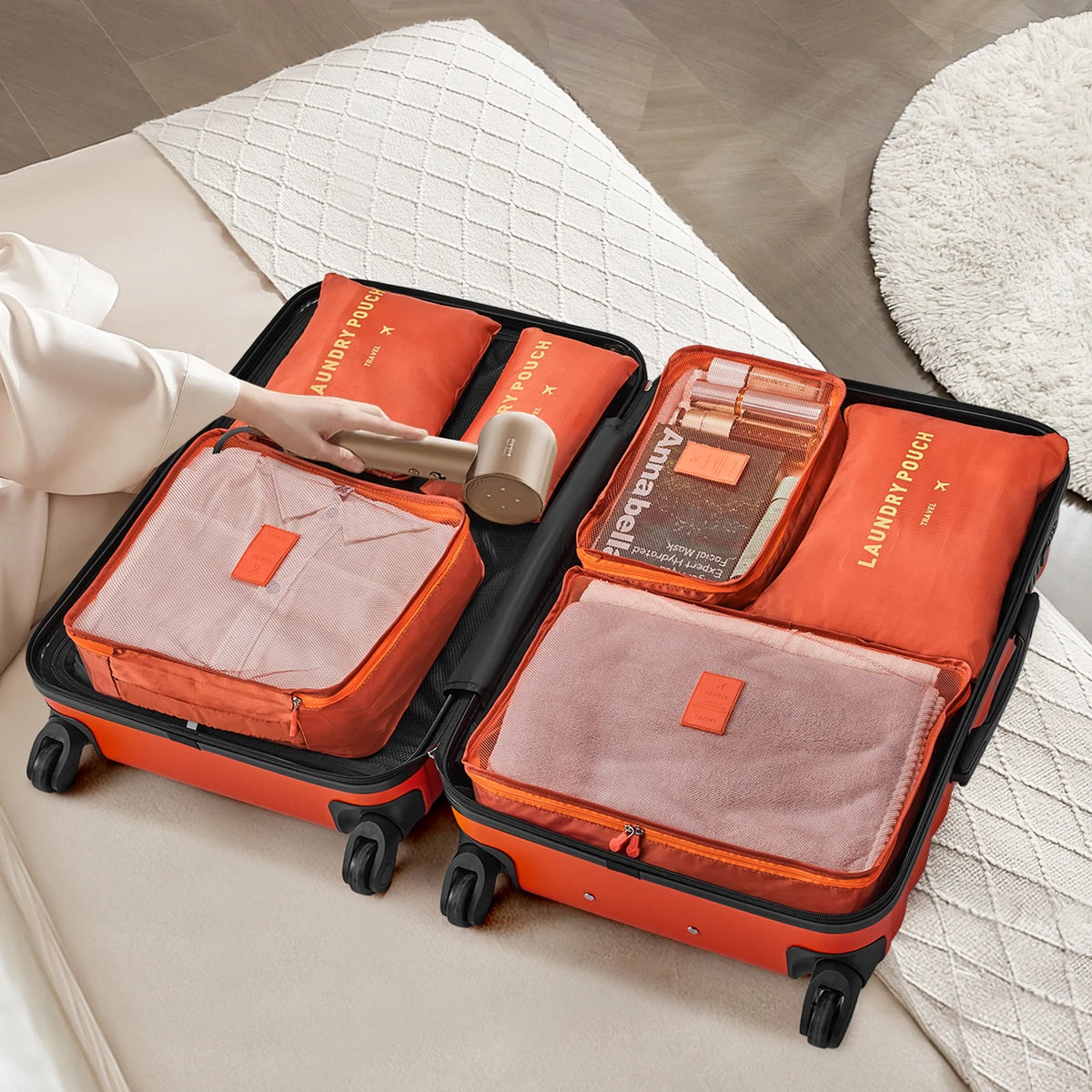 Ensemble de 9 pièces comprenant 3 valises rigides de 20, 24 et 28 pouces, 6 sacs de rangement et valises de voyage à roulettes, rose