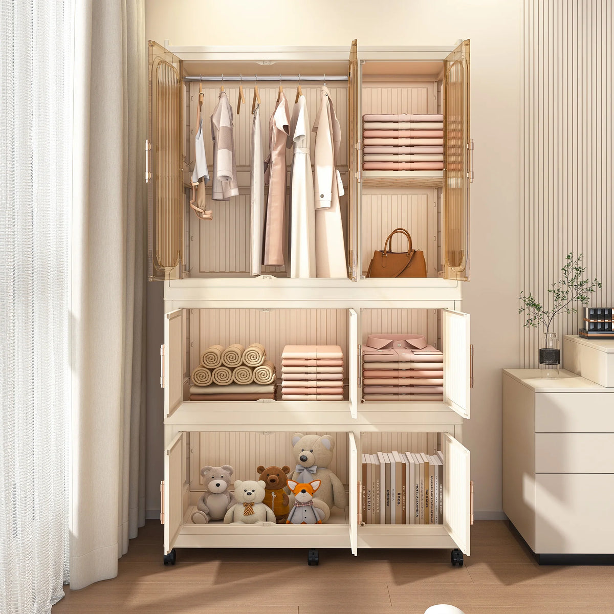Penderie portable pour enfants Montary avec portes magnétiques et tringle – Meuble de rangement en plastique à 4 casiers pour chambre d'enfant