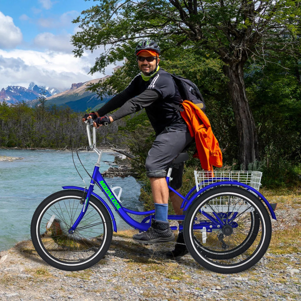 Tricycles pour adultes MOONCOOL avec panier arrière et pompe à pied, vélos à 3 roues 7 vitesses de 24 et 26 pouces, vélo à trois roues pour adultes avec dossier pour seniors, femmes et hommes