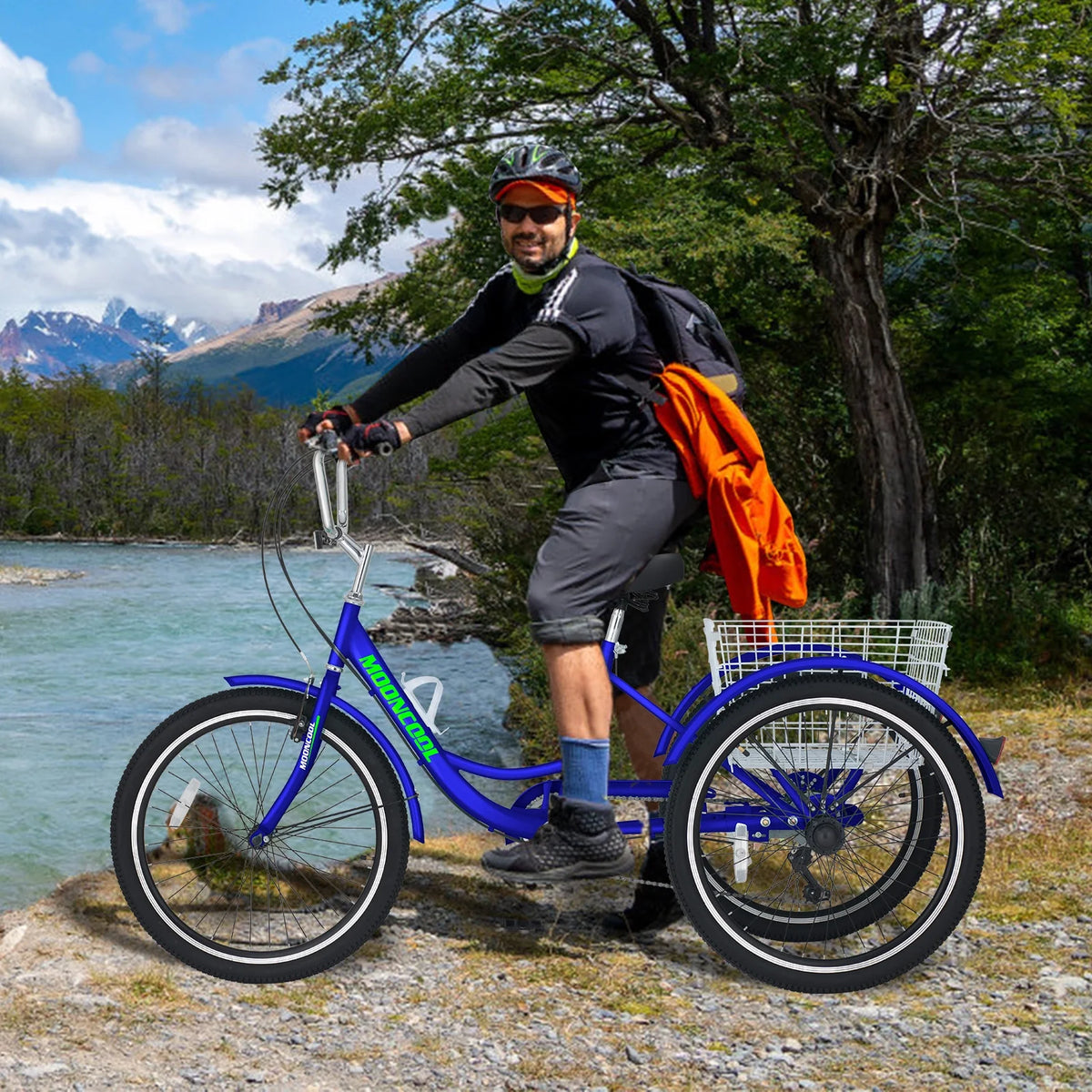 Tricycles pour adultes MOONCOOL avec panier arrière et pompe à pied, vélos à 3 roues 7 vitesses de 24 et 26 pouces, vélo à trois roues pour adultes avec dossier pour seniors, femmes et hommes