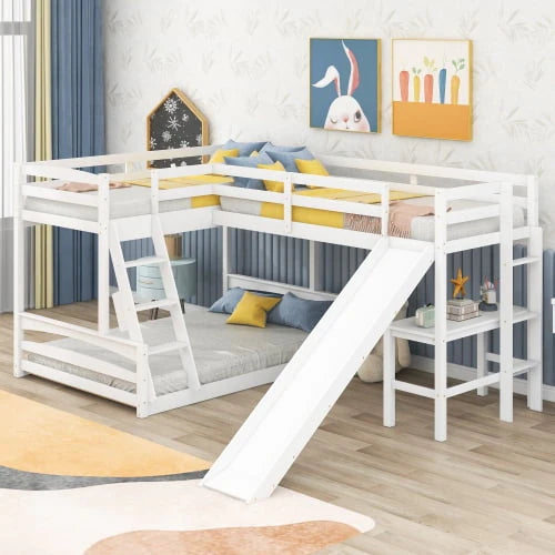 Lit superposé triple en L pour 5 personnes, lit superposé simple sur double et lit mezzanine simple avec bureau intégré, toboggan et barrière de sécurité sur toute la longueur, blanc