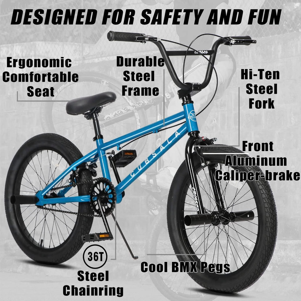 cubsala 20 Vélo BMX Freestyle pour enfants de 6 à 14 ans, garçons et filles, avec 4 cales, noir avec pneus rouges