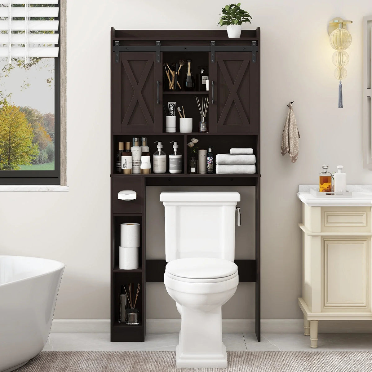Meuble de rangement au-dessus des toilettes, meuble de rangement de style maisonnette au-dessus des toilettes avec portes coulissantesÉtagère de rangement gain de place pour toilettes, pour salle de bains, toilettes, buanderie