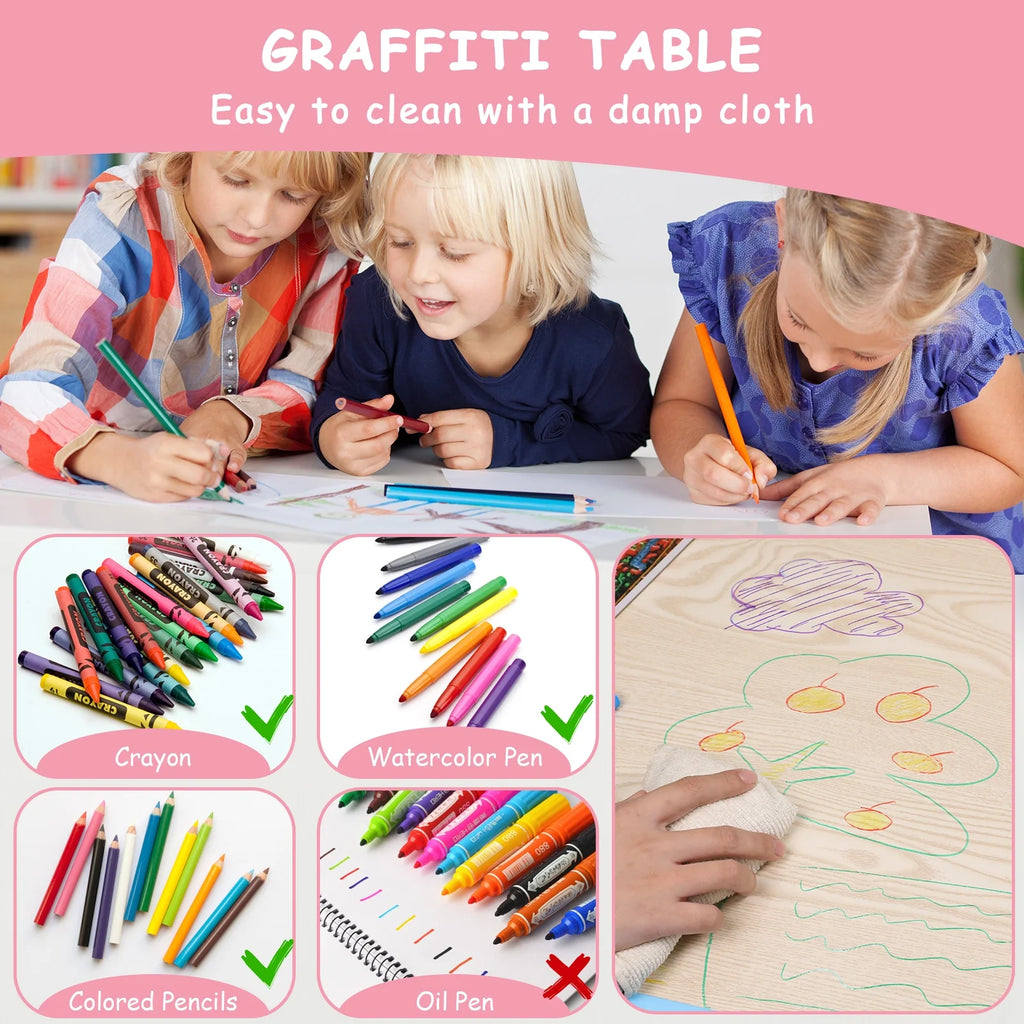 Ensemble table et 4 chaises pour enfants LAZY BUDDY, bureau réglable en hauteur pour tout-petits avec plateau graffiti, ensemble de table d’activités pour enfants pour crèche et maison