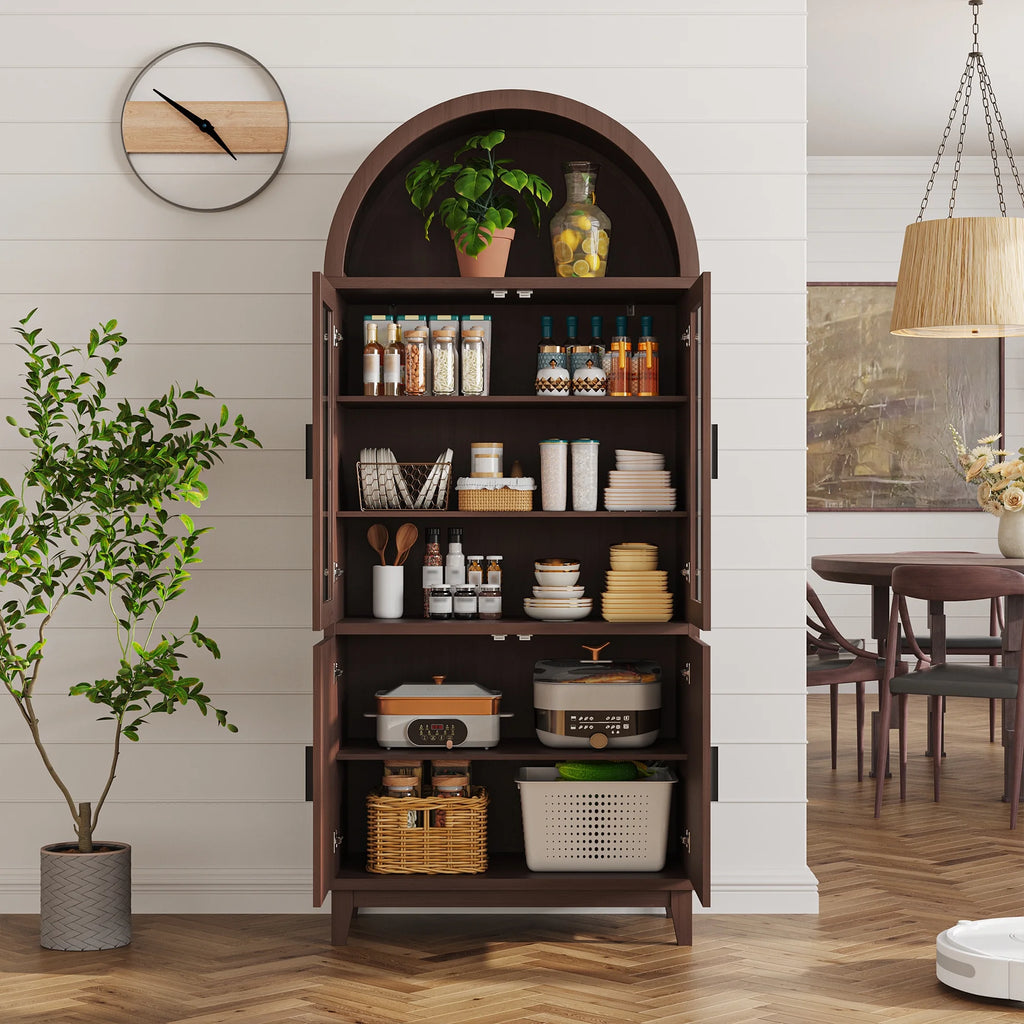 VEANERWOOD 71 Armoire haute cintrée, meuble de rangement de cuisine en bois cannelé avec 4 portes et 6 étagères pour salle à manger et salon