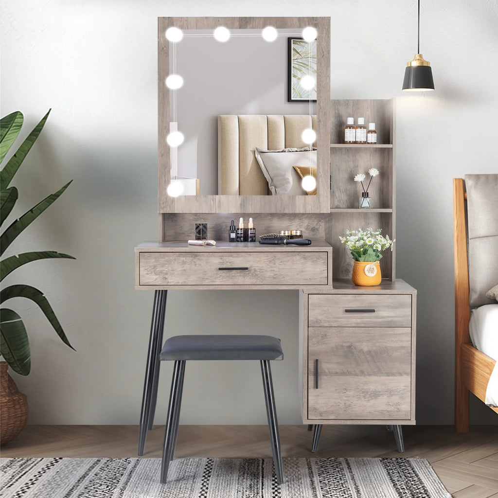 Coiffeuse Ktaxon avec miroir éclairé à 3 couleurs & station de charge, table de maquillage avec 3 étagères de rangement & tiroirs, bureau de toilette avec tabouret, gris rétro
