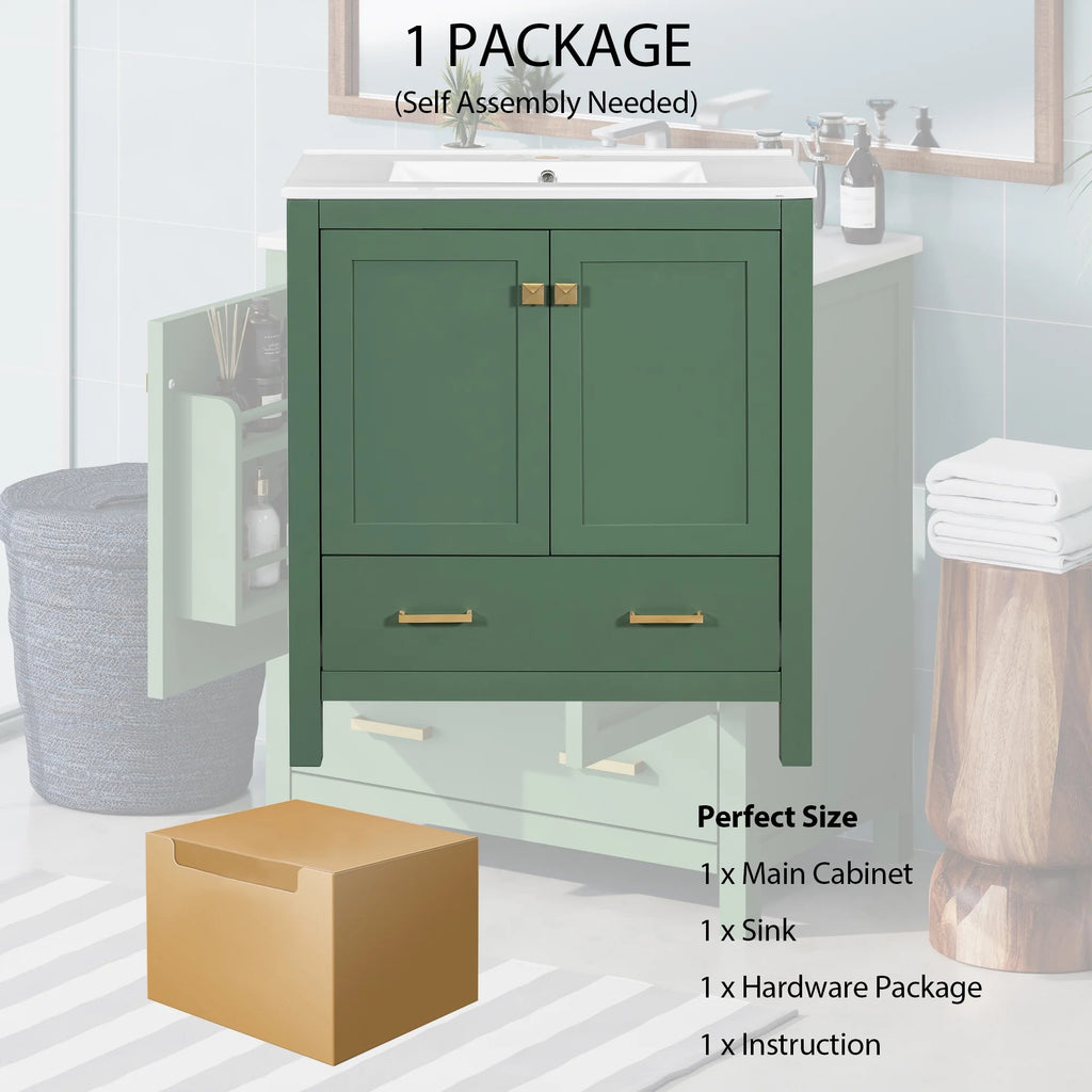 Meuble-lavabo de salle de bains Harper & Bright Designs 30 avec lavabo, armoire de salle de bains avec plateau en céramique, portes et tiroir de rangement multifonctionnels, vert