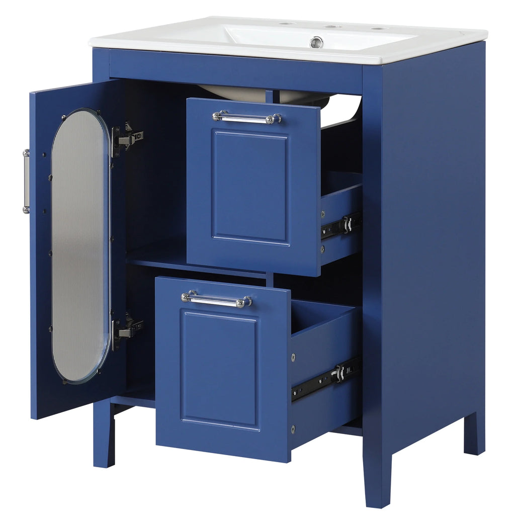 Meuble-lavabo Soges 24 avec vasque en céramique, meuble de toilette en bois massif avec porte, étagère réglable et 2 tiroirs, ensemble lavabo simple autoportant pour petite salle de bains, blanc