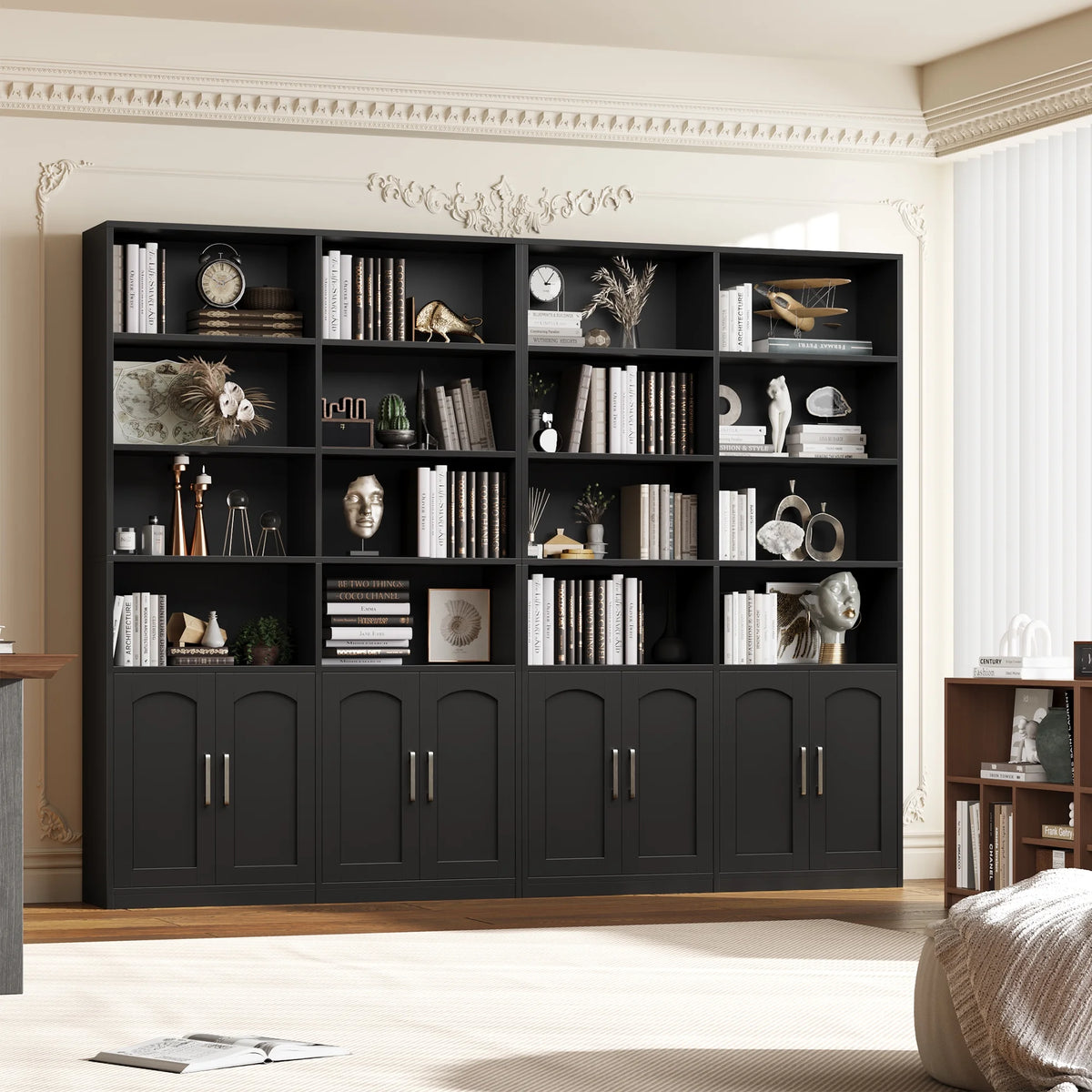 Bibliothèque haute Homfa 73 avec portes, 8 compartiments, 6 niveaux, double rangée, blanche, pour salon et bureau à domicile