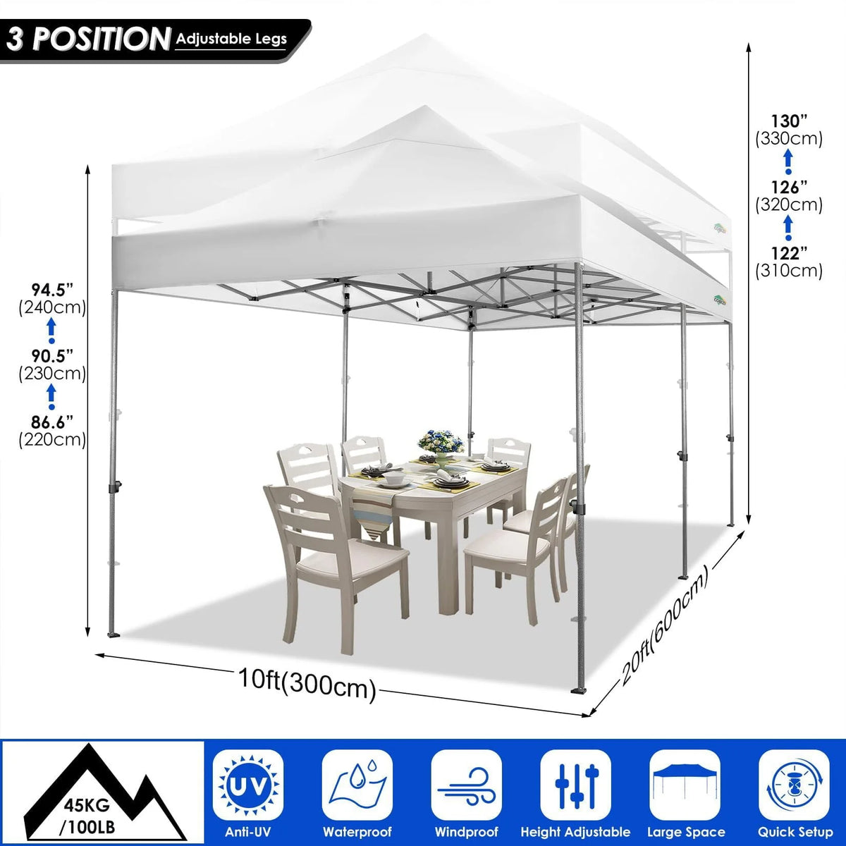 COBIZI 10'x20' Chapiteau Tente Pop-up Facile Anti-UV Imperméable Tente d'extérieur Abri instantané pour fêtes et mariages Tente-pavillon toutes saisons avec 6 parois latérales amovibles, 4 sacs de sable, sac de transport à roulettes, Blanc