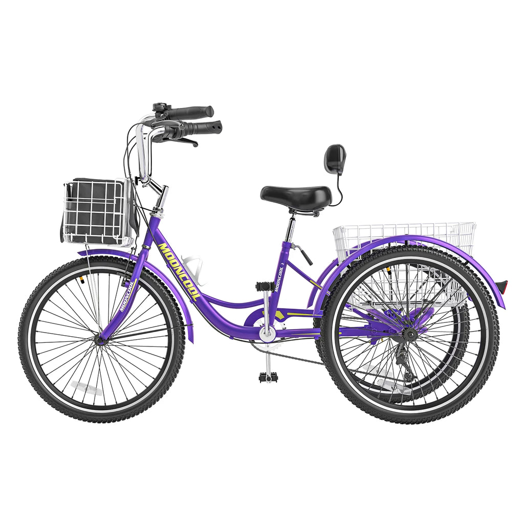 Tricycles pour adultes MOONCOOL avec panier arrière et pompe à pied, vélos à 3 roues 7 vitesses de 24 et 26 pouces, vélo à trois roues pour adultes avec dossier pour seniors, femmes et hommes