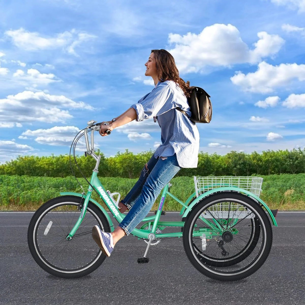 Tricycles pour adultes MOONCOOL avec panier arrière et pompe à pied, vélos à 3 roues 7 vitesses de 24 et 26 pouces, vélo à trois roues pour adultes avec dossier pour seniors, femmes et hommes