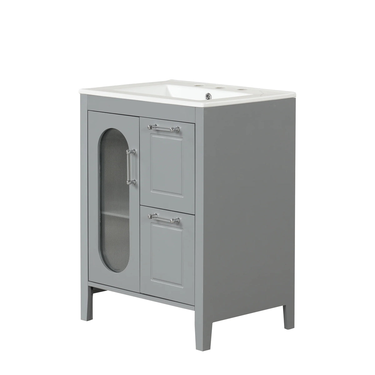 Meuble-lavabo Soges 24 avec vasque en céramique, meuble de toilette en bois massif avec porte, étagère réglable et 2 tiroirs, ensemble lavabo simple autoportant pour petite salle de bains, blanc