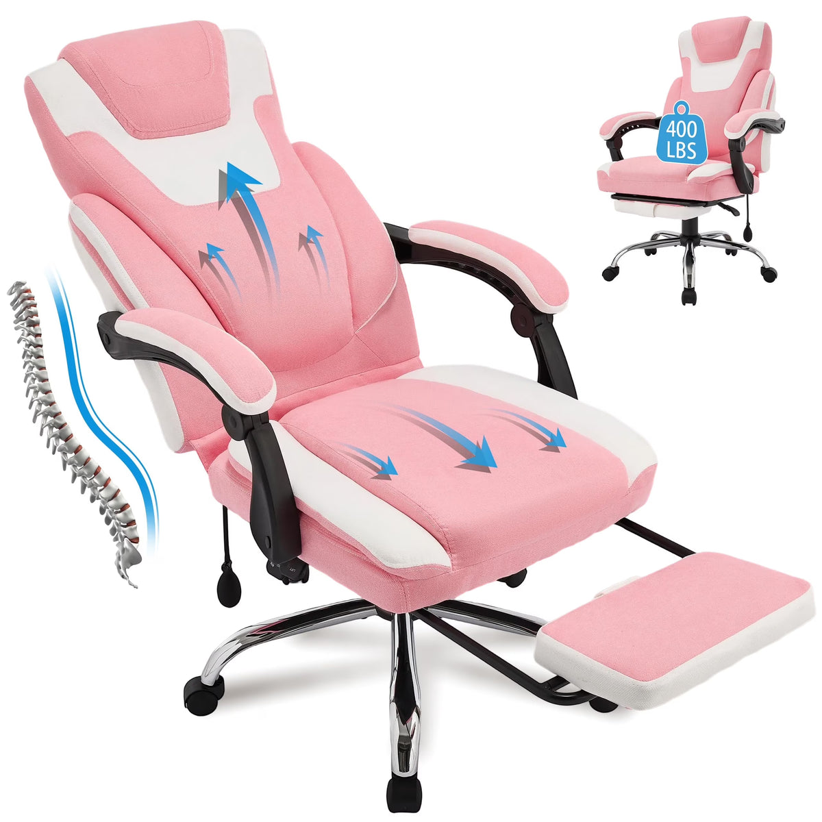 JONPONY Fauteuil de bureau Grande Taille 400lbs, Fauteuils de bureau de direction inclinables avec repose-pieds, Fauteuil de bureau à domicile à dossier haut Accoudoirs épais, Support lombaire ergonomique réglable, RoseBlanc