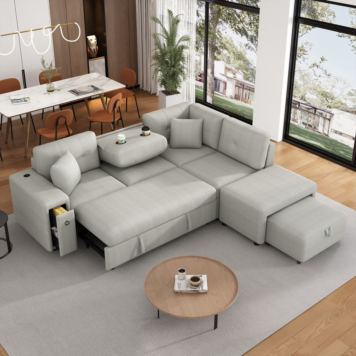 Canapé-lit modulable 87 avec lit gigogne, canapé convertible en L avec pouf, ports USB et deux porte-gobelets pour salon, appartement, chambre, gris